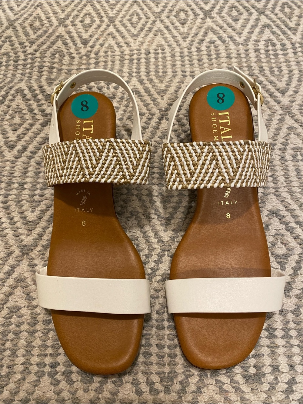 Italian Shoemakers 8 White/Tan Woven Faux Leather Heeled Sandals